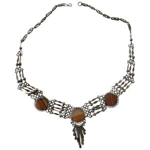 Vintage Agate Statement Necklace Silver Tone Tribal Boho Bib